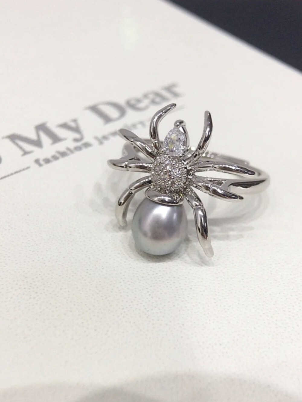 🕷🕷NEW🕷🕷GORGEOUS!! SILVER FRESHWATER PEARL CZ Spider Adjustable Ring